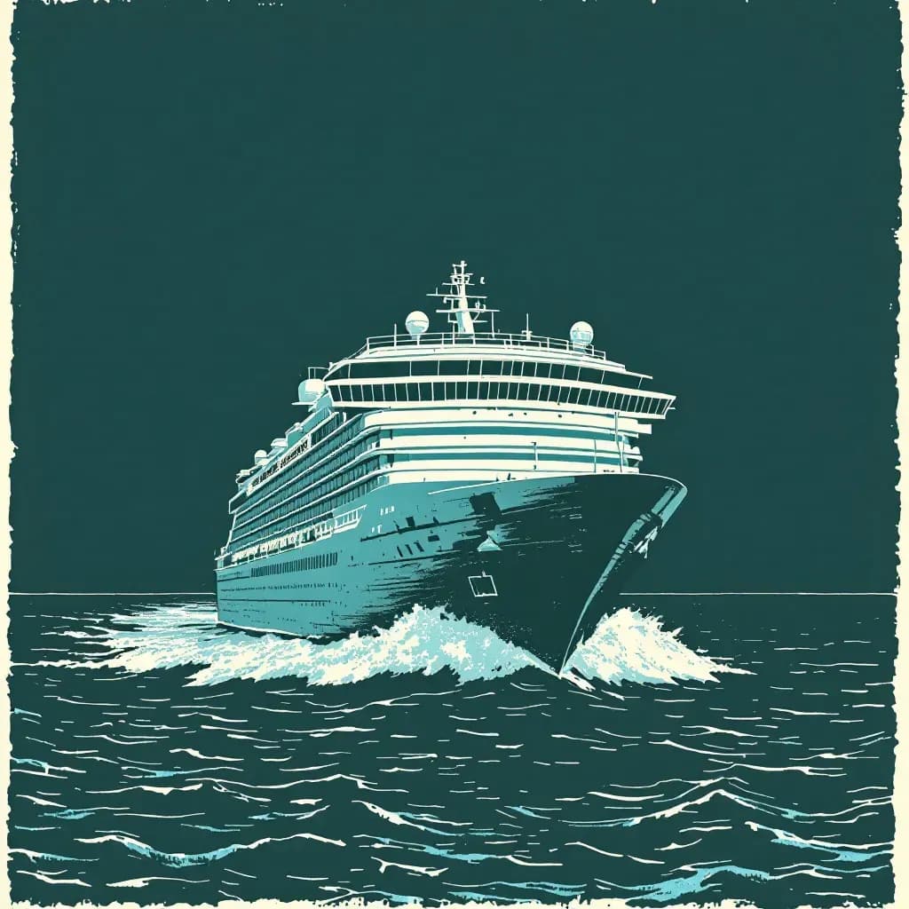 A cruise ship sailing in open waters, isolated and surrounded by vast ocean, encapsulating a microcosm where various crimes occur, highlighting jurisdiction and investigation challenges in international waters.