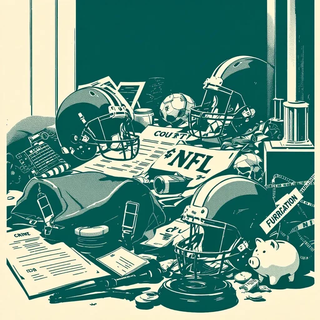 NFL helmets and football gear scattered around a crime scene, juxtaposed with court documents and a broken piggy bank, symbolizing financial fraud and legal battles in a sports context.