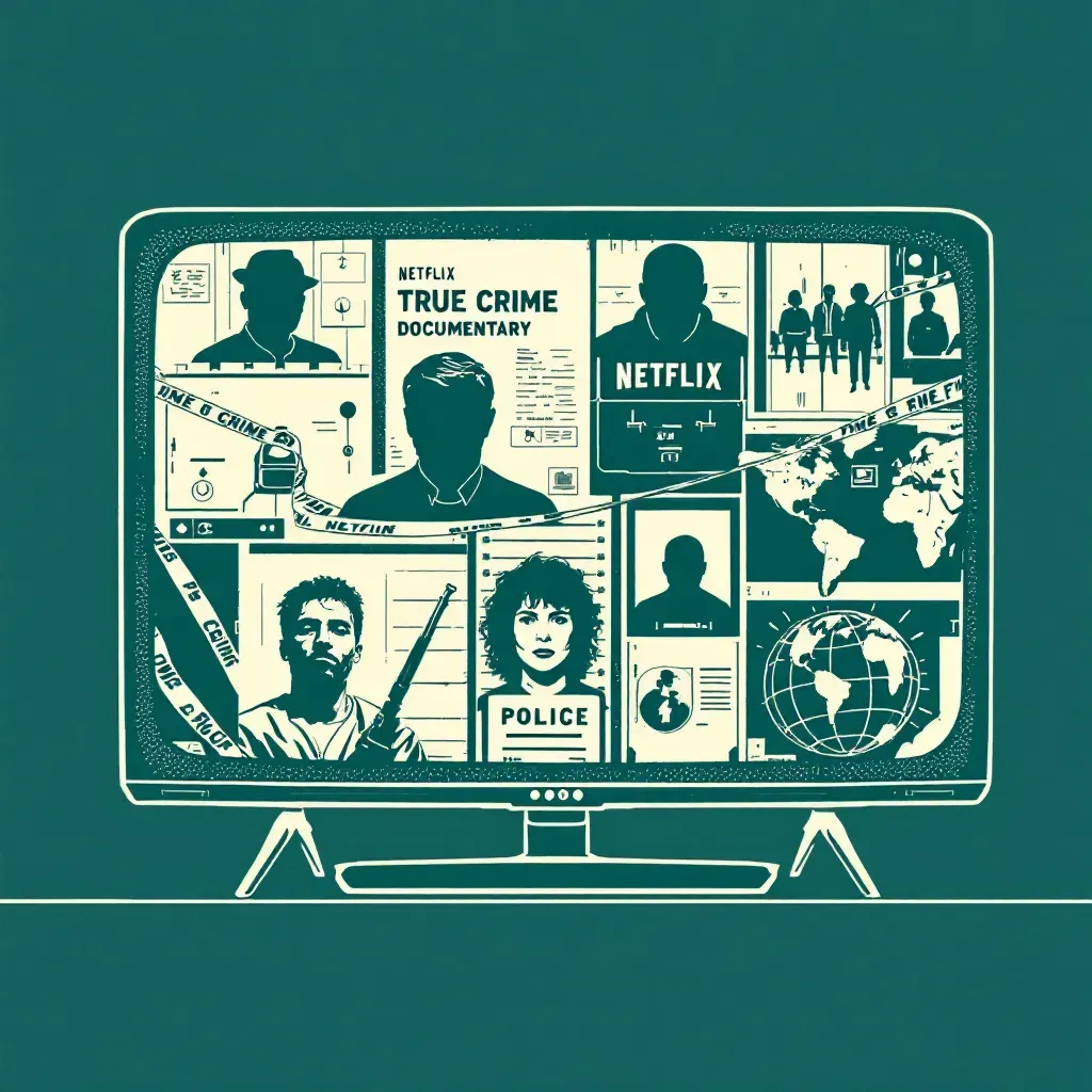 A television screen displaying a mix of true crime documentary imagery, including police tape, courtroom sketches, mugshots, and a globe, symbolizing Netflix's global influence on the genre.