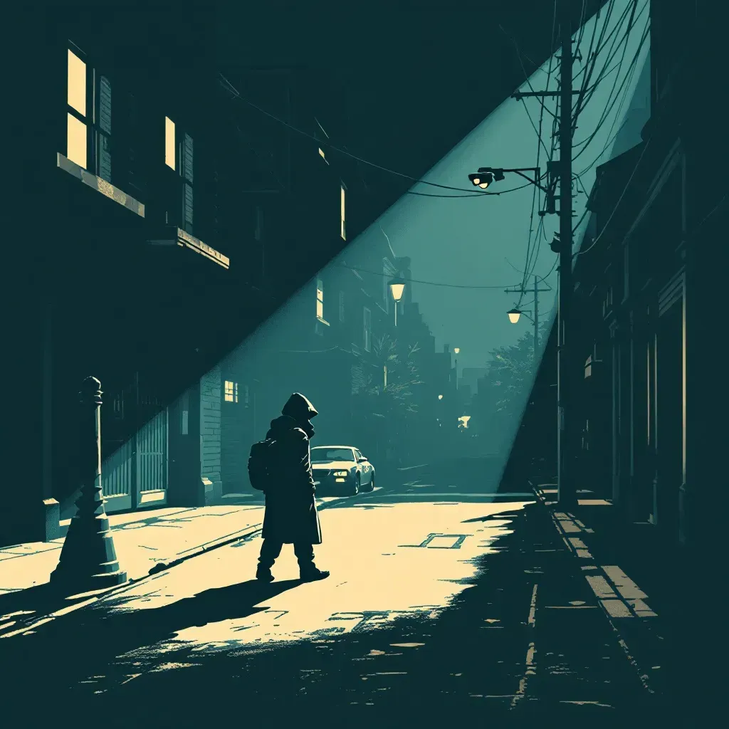 A camera lens on a dark street captures footage of a suspect secretly, symbolic of surveillance used both as police evidence and by criminals for stalking.