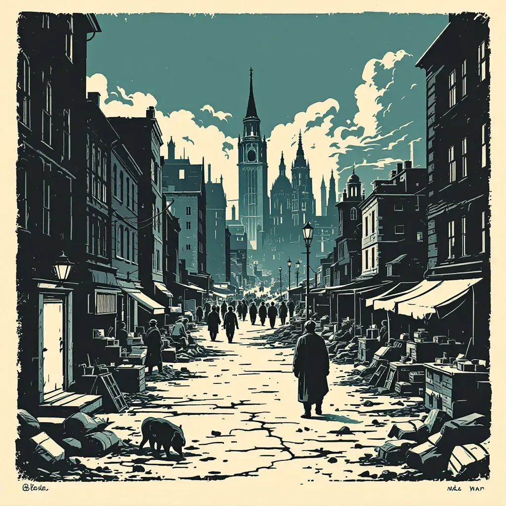 The scene depicts a war-torn cityscape with evidence of genocide and black markets, including deserted streets, an abandoned marketplace, and makeshift stalls with contraband items, symbolizing the criminal aspect of World War II.