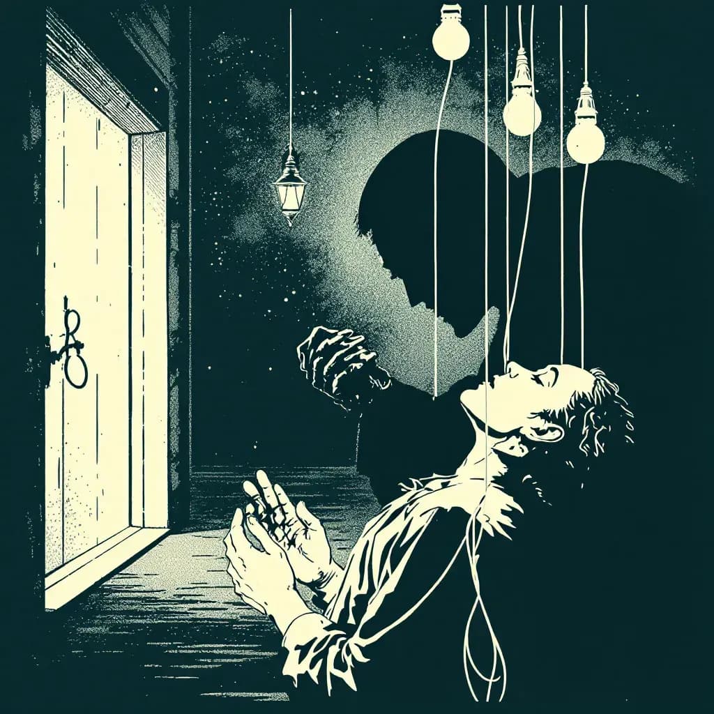 A shadowy figure whispering into someone’s ear while pulling puppet strings attached to an unsuspecting person; a gaslight flickering in the background symbolizing deceit and control.