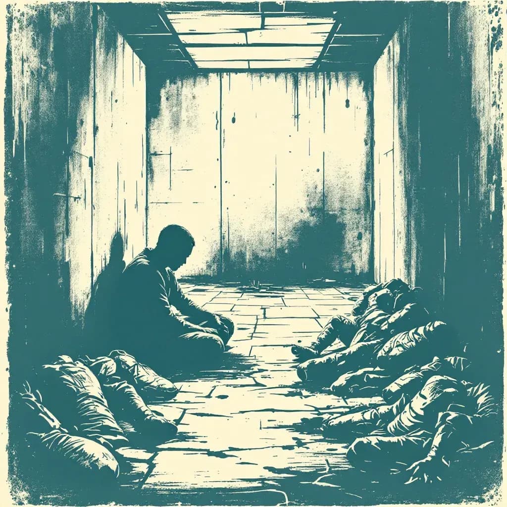 A captive prisoner of war in a stark cell, symbolizing Geneva Conventions protection; nearby, evidence of torture signifies war crimes—a dramatic juxtaposition of lawful protection and heinous abuse.