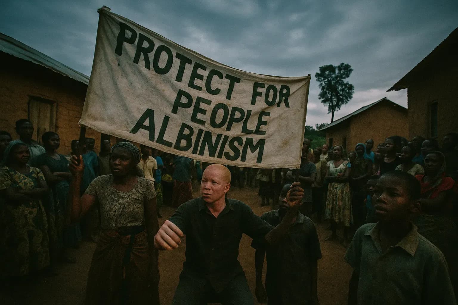 A protest scene in an East African village, with a banner held by activists advocating for the protection of people with albinism, surrounded by community members listening intently.