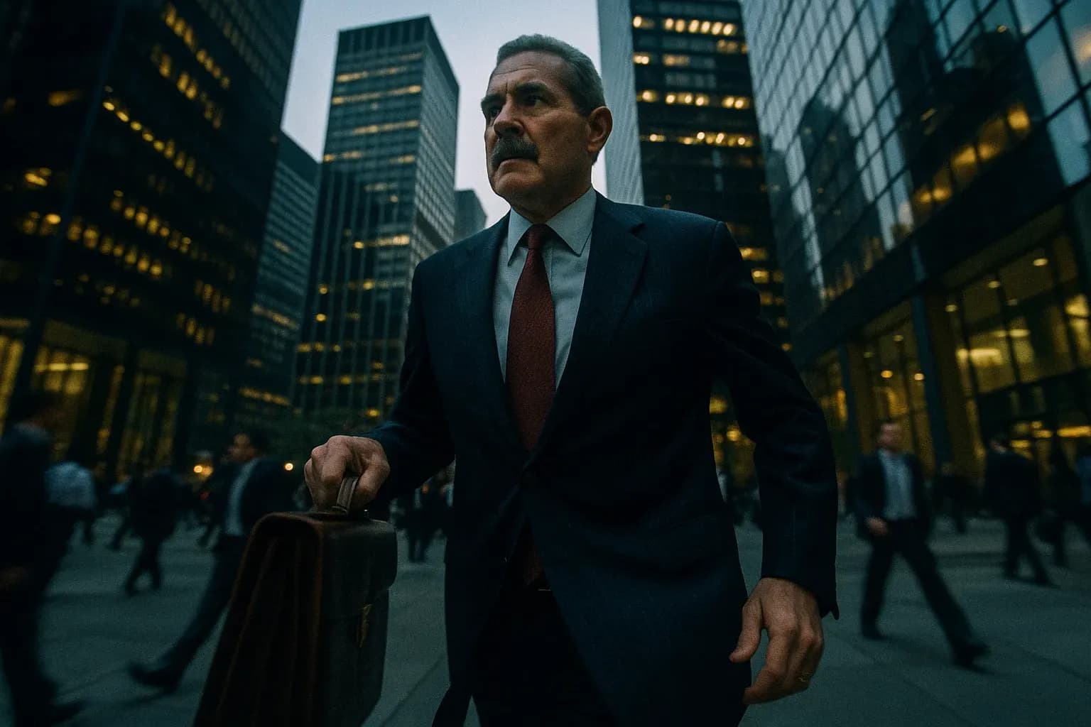 A figure resembling Robert Allen Stanford walks briskly through a bustling financial district, surrounded by tall, sleek office buildings, clutching a leather briefcase symbolizing his Antigua Ponzi scheme's billion-dollar allure