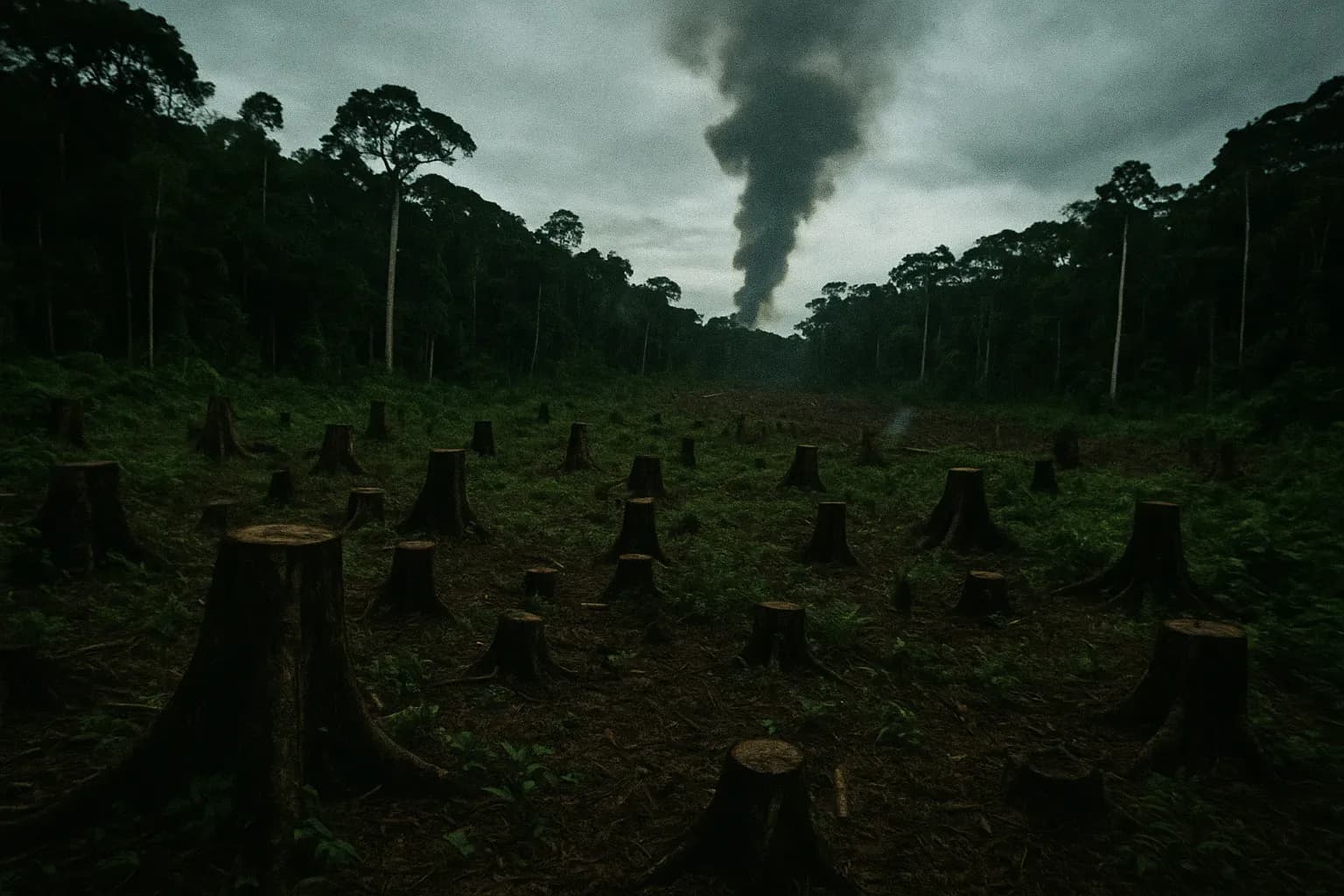 A vast swath of the Amazon rainforest, scarred by illegal logging, with tree stumps scattered among the dense foliage and a plume of smoke rising in the distance, symbolizing unchecked deforestation and environmental crime.