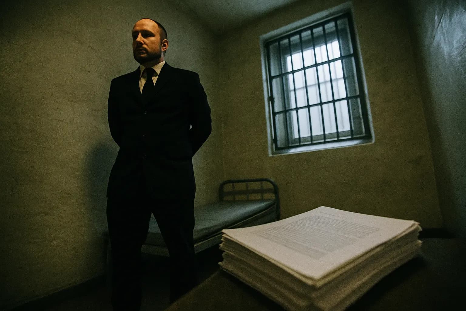 A figure resembling Anders Behring Breivik stands in a stark prison cell, a barred window casting shadows. Nearby lies a stack of papers printed from his divisive manifesto, highlighting a legacy of extremism and violence.