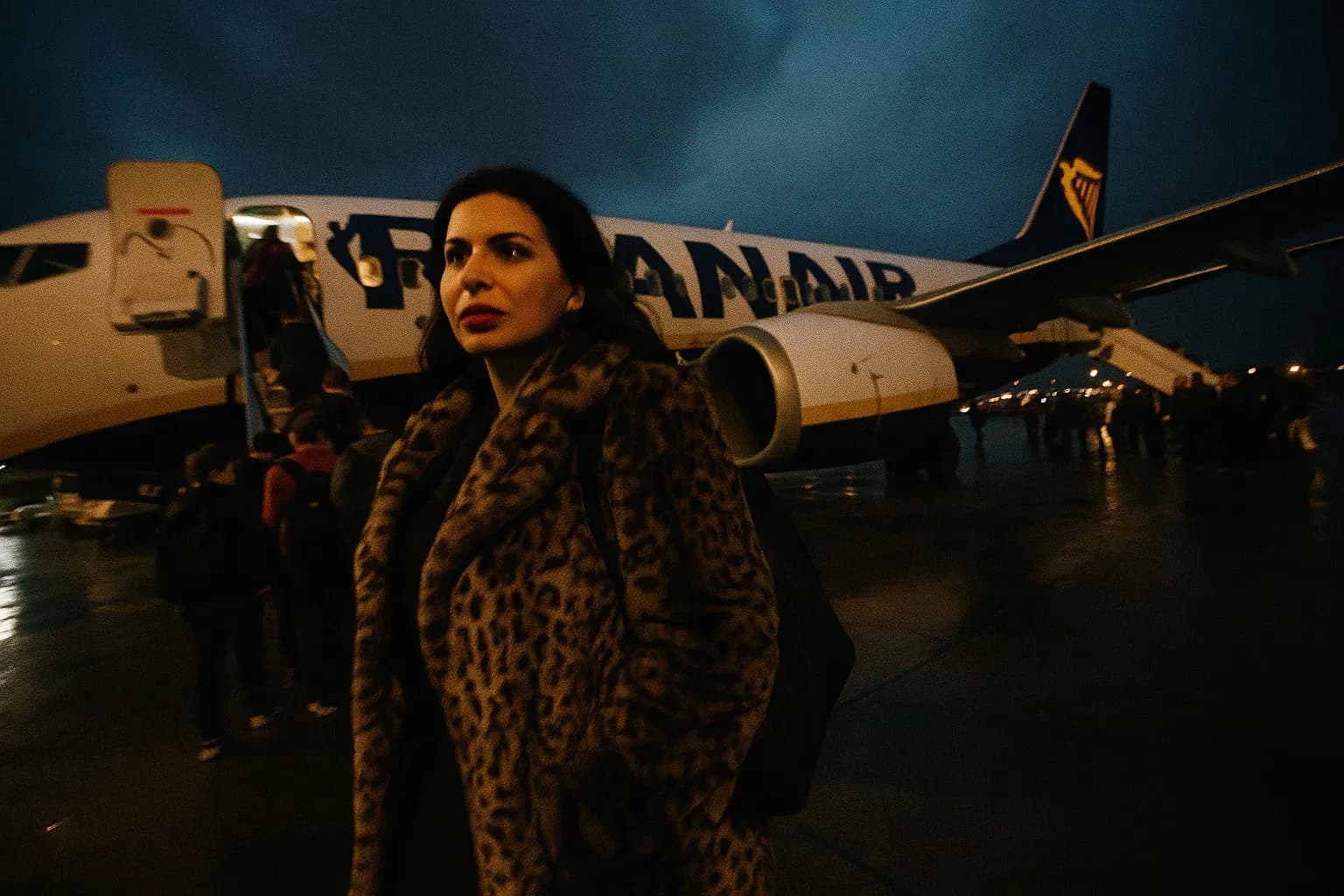A figure resembling Ruja Ignatova, wearing a luxurious coat, boarding a Ryanair airplane at Sofia Airport amidst a busy evening crowd, capturing the moment of her escape before her disappearance in 2017.
