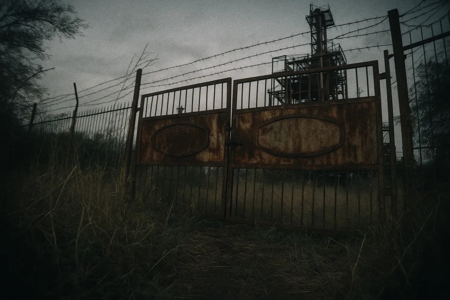 A rusted Union Carbide factory gate in Bhopal stands surrounded by overgrown weeds, a silent testament to the 1984 toxic gas tragedy that claimed thousands of lives.
