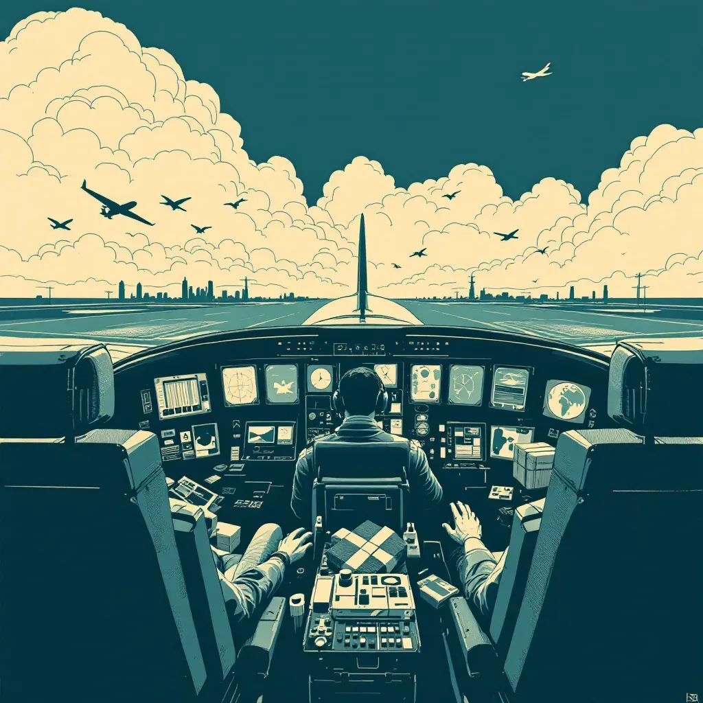 A lone airplane cockpit with a pilot controlling the aircraft, surrounded by imagery of contraband and airport security, symbolizing challenges of smuggling and aviation crime.