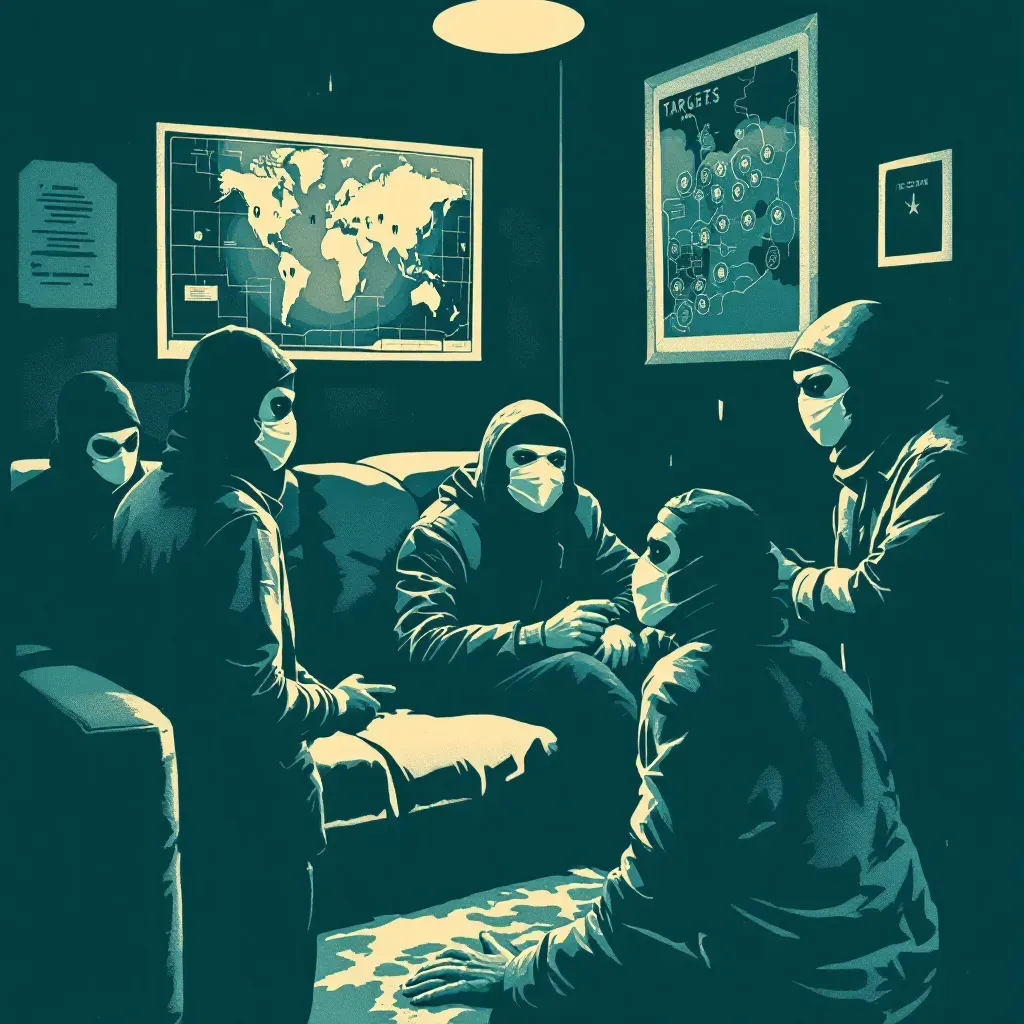 A tense scene with masked individuals in a dimly-lit room, a map marked with targets on the wall, and a hostage in the foreground, creating a sense of impending action and fear.