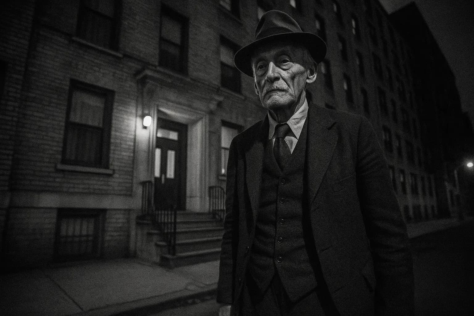 A figure resembling Albert Fish stands outside a New York City apartment building in the 1930s, dressed in period attire.