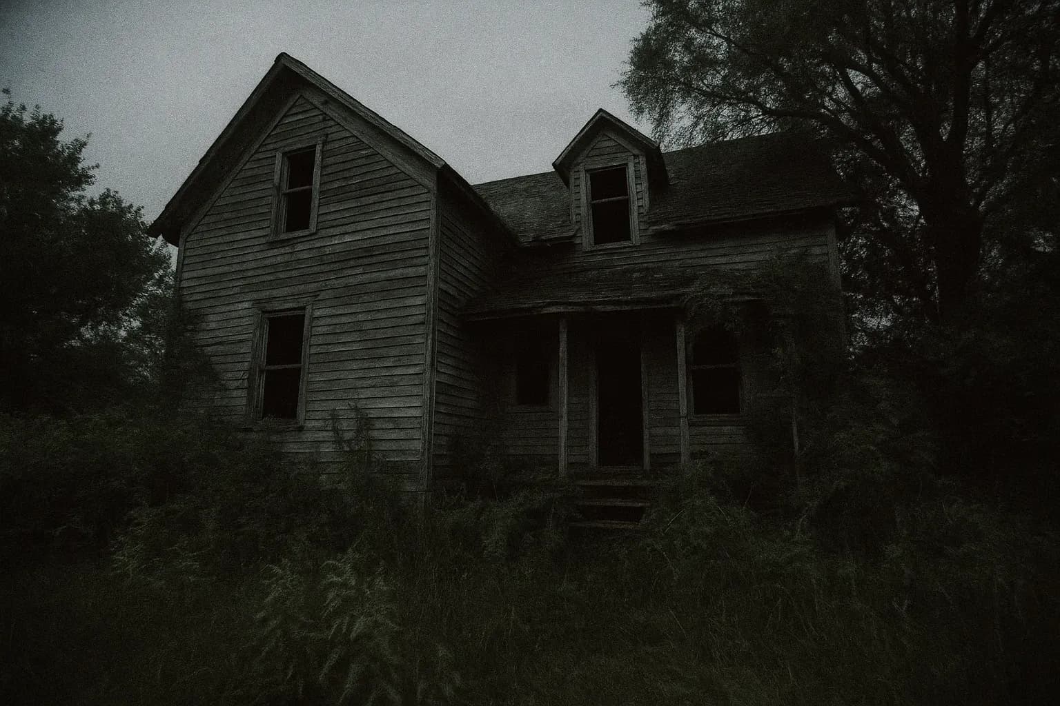 An abandoned wooden farmhouse in Plainfield, Wisconsin, its exterior weathered and haunting, surrounded by dense, overgrown foliage.