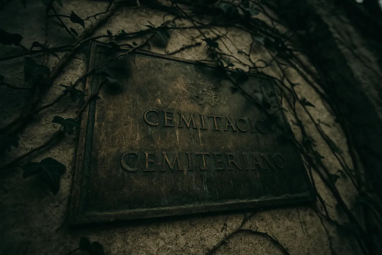 A weathered bronze plaque of the Vatican's Teutonic Cemetery, vines creeping over its edges. This serene yet eerie scene reflects the unsolved mystery of Emanuela Orlandi's disappearance, with historical whispers echoing through the secretive walls.