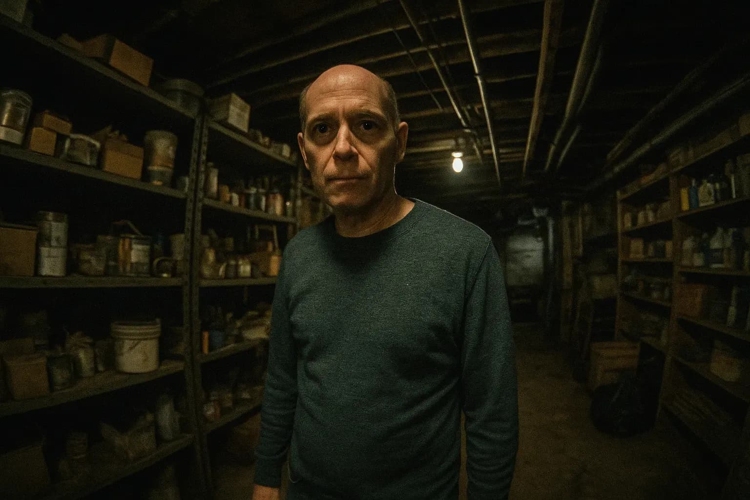 A figure resembling Pedro Hernandez stands in the basement of a SoHo store, amidst cluttered shelves and dim lighting, the site of his confession about the disappearance of Etan Patz.