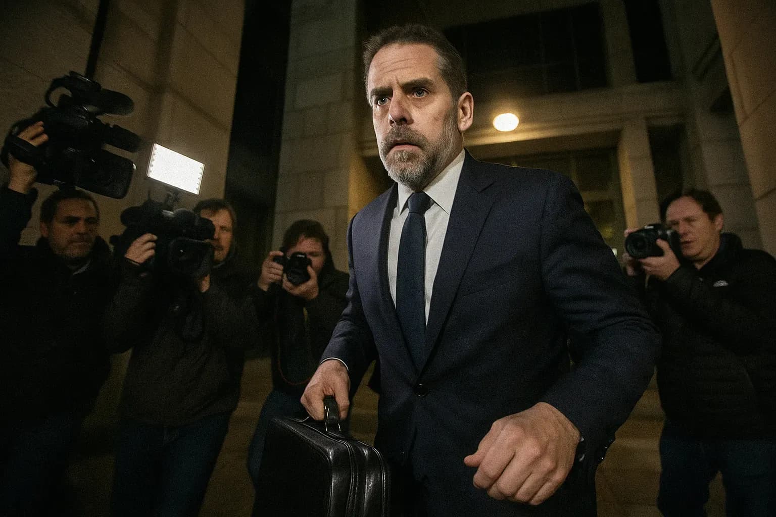 A figure resembling Hunter Biden exits a federal building in Delaware, surrounded by media, his expression tense, hands visible, clutching a briefcase.