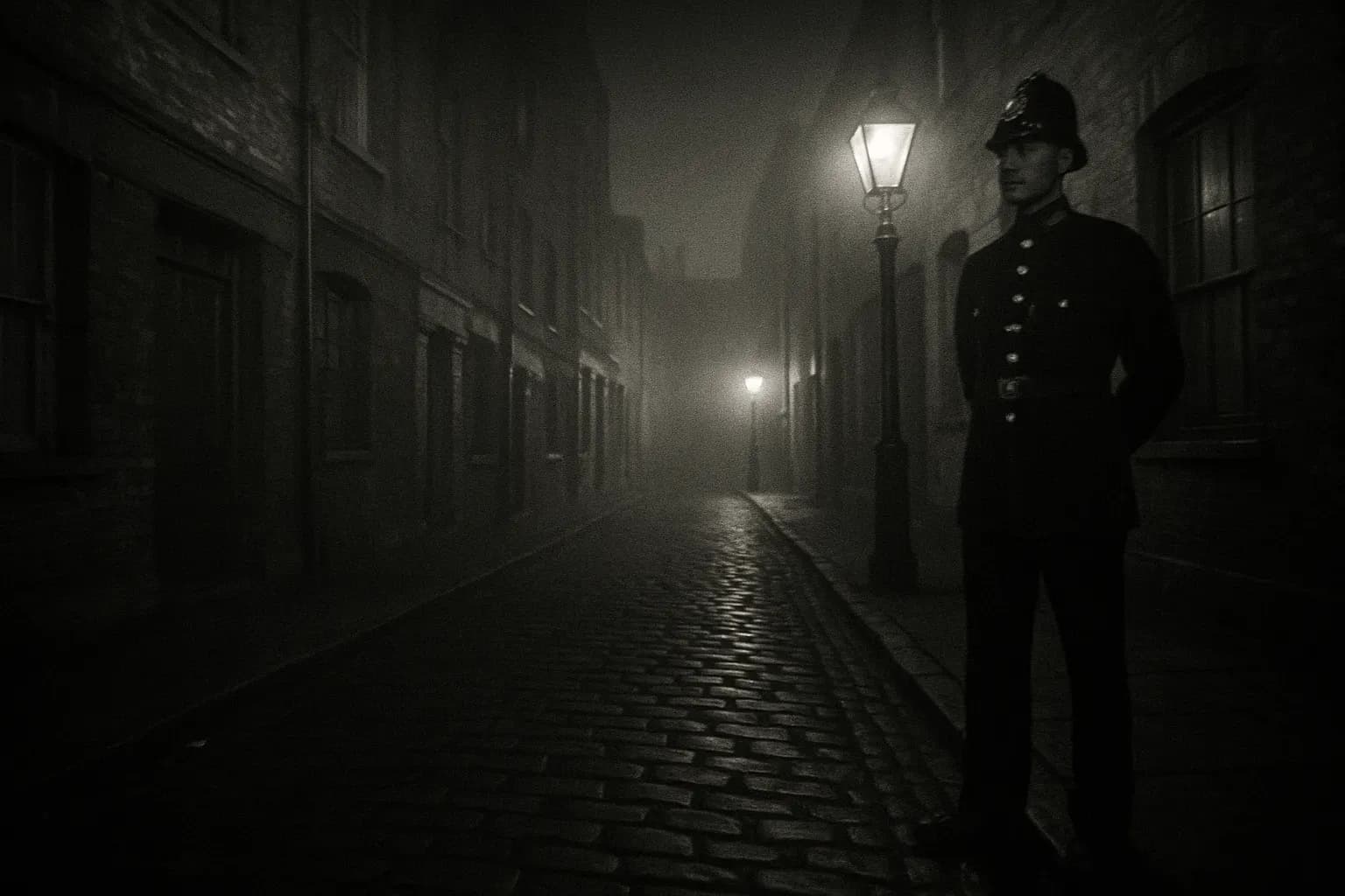 A foggy Whitechapel street in 1888, gas lamps casting eerie light on cobblestones, a Victorian-era constable stands watch, his presence juxtaposing a hauntingly empty alleyway where Jack the Ripper once roamed.