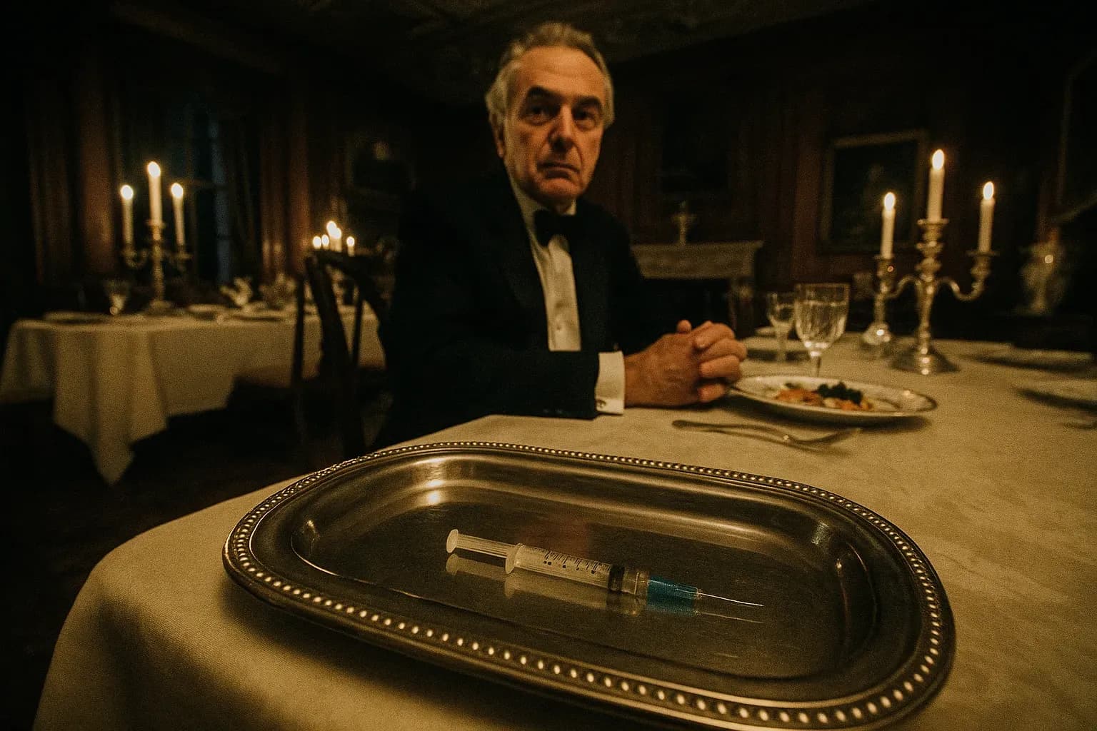 A figure resembling Claus von Bülow seated at a Newport mansion's lavish dining table, an insulin syringe prominently on a nearby silver tray, symbolizing the wealth and medical mystery central to the case