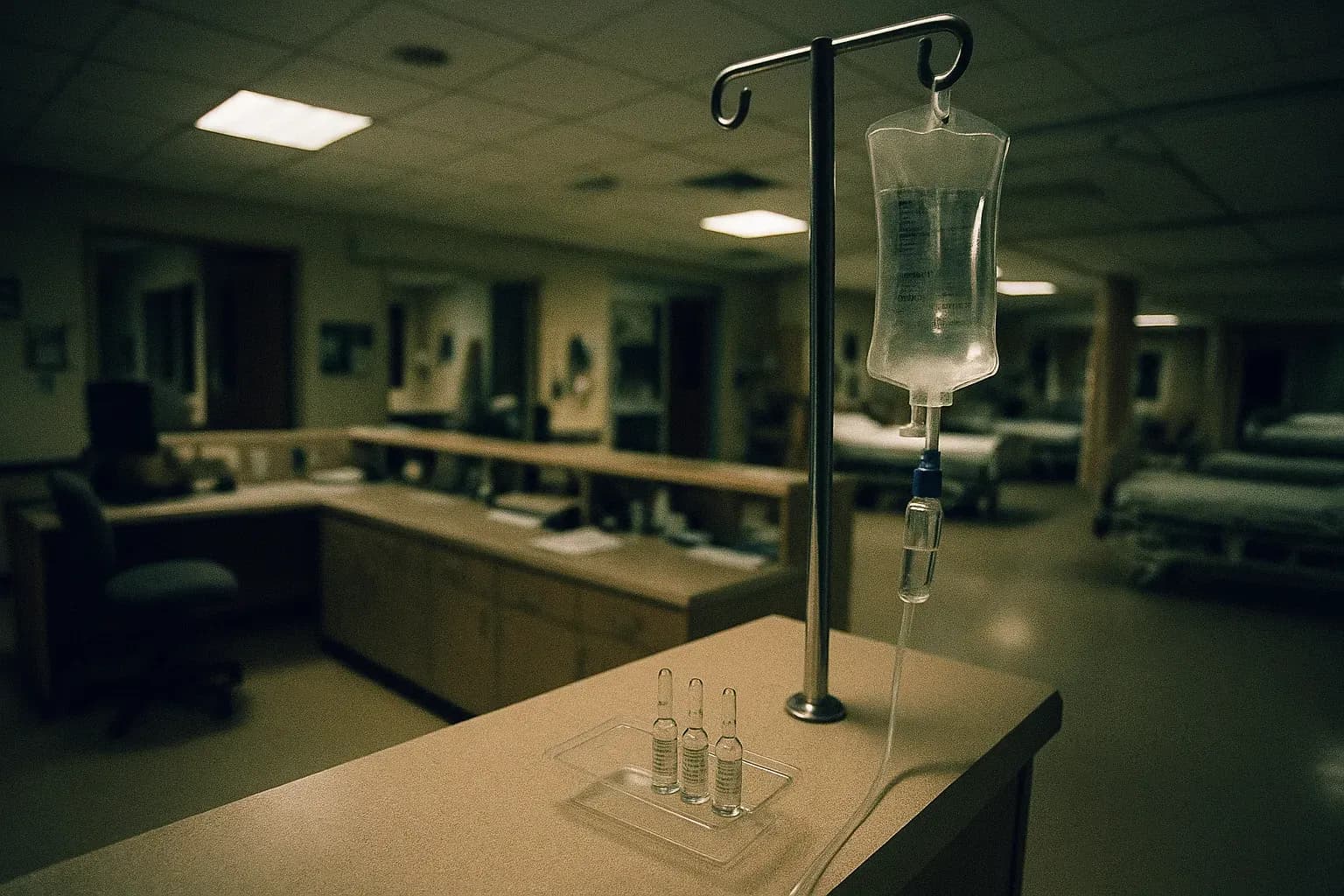 A hospital ward at VAMC Northampton, an intravenous drip bag with visible adrenaline ampoules beside a nurse’s station, symbolizing Kristen Gilbert's deeds.