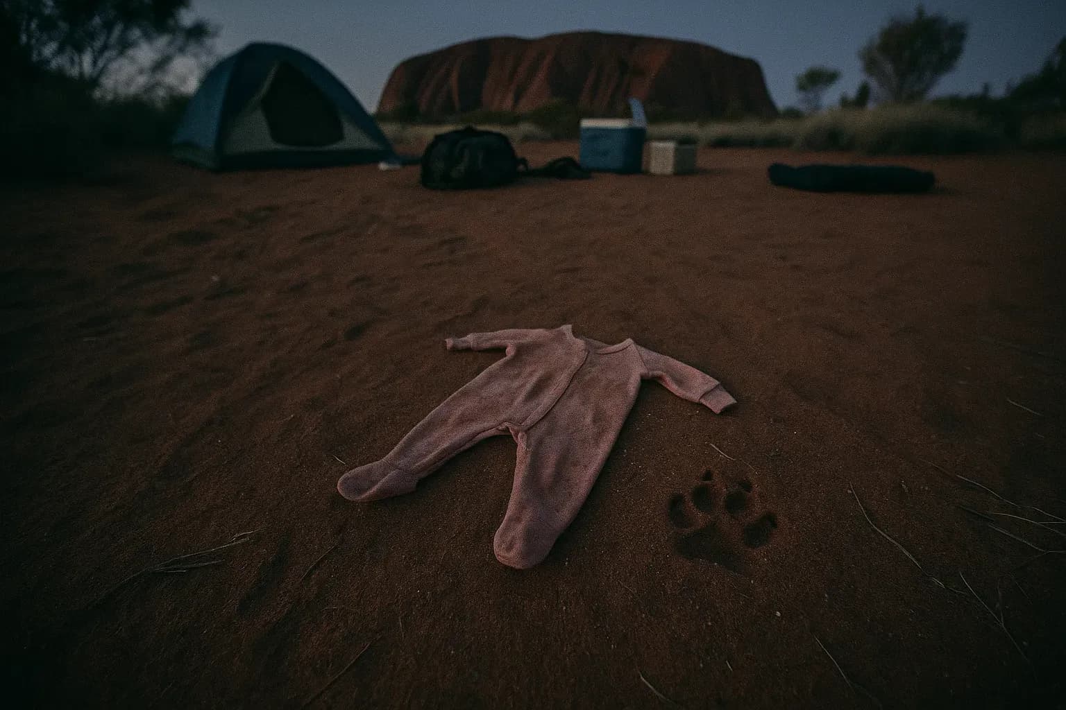A sandy area near Uluru with scattered camping gear, a baby’s worn pink jumpsuit on the ground, and a dingo's paw print beside it, symbolizing the Azaria Chamberlain disappearance case.