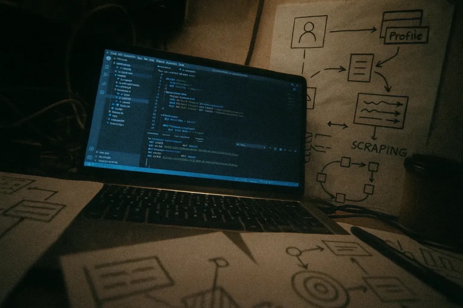 A laptop screen displaying lines of code and visible API tokens, surrounded by notes and diagrams illustrating a data scraping scheme related to LinkedIn profiles, in a cluttered tech workspace.