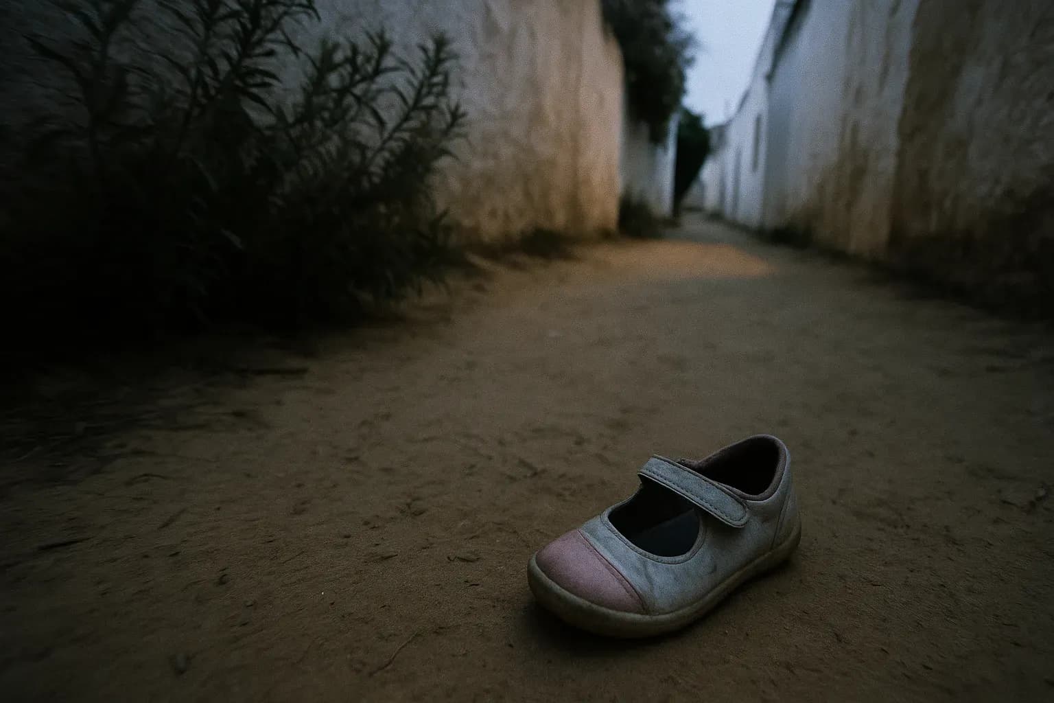 A child's shoe lies abandoned in the sandy alley of Praia da Luz, Portugal, with nearby shrubbery rustling softly in the coastal breeze, evoking the mystery of Madeleine McCann's disappearance in 2007.