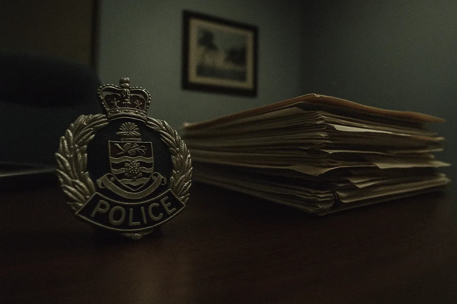 A police badge and a stack of confidential files sit on a desk in the Cayman Islands, symbolizing the corruption scandal known as Operation Tempura, involving leaks, abuse of power, and financial waste.