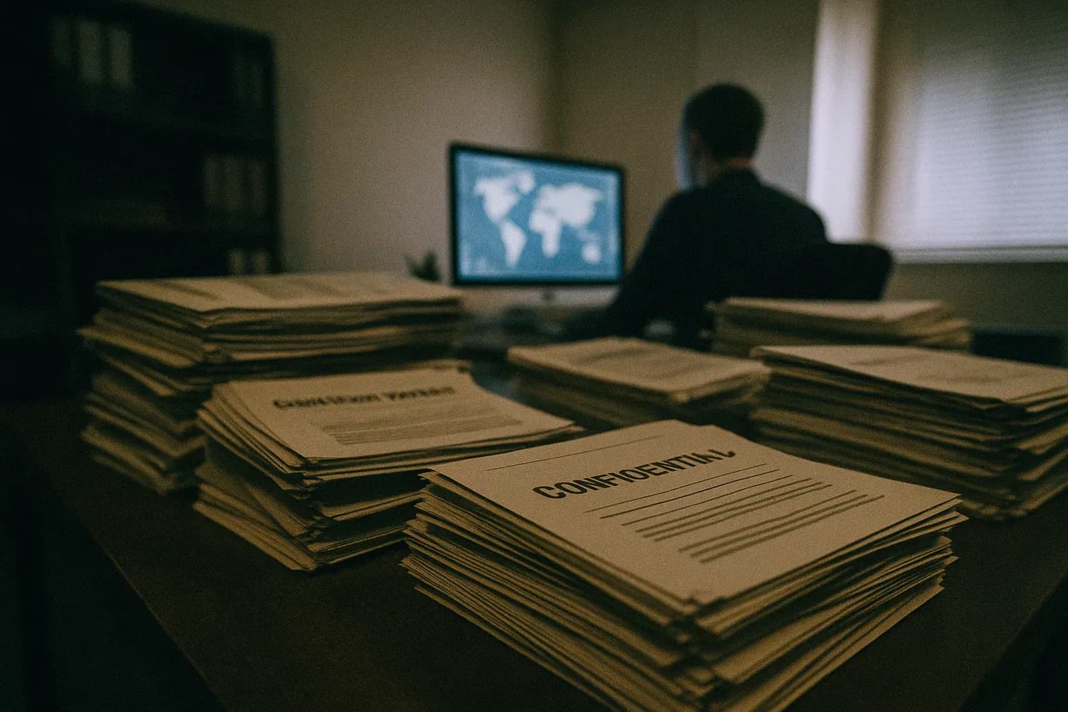 A table covered with stacks of leaked documents labeled "Pandora Papers" in an office setting, with a partially visible figure working at a computer screen displaying a world map.