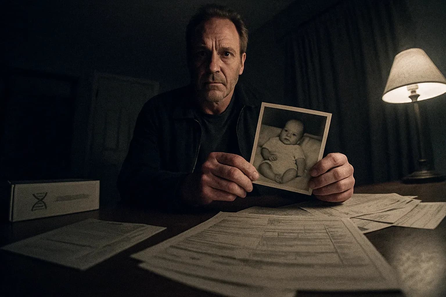 A figure resembling Paul Fronczak stands in a dimly lit room, holding an old black-and-white photo of a baby. Nearby, a DNA test kit and scattered documents hint at a long, tangled identity mystery.