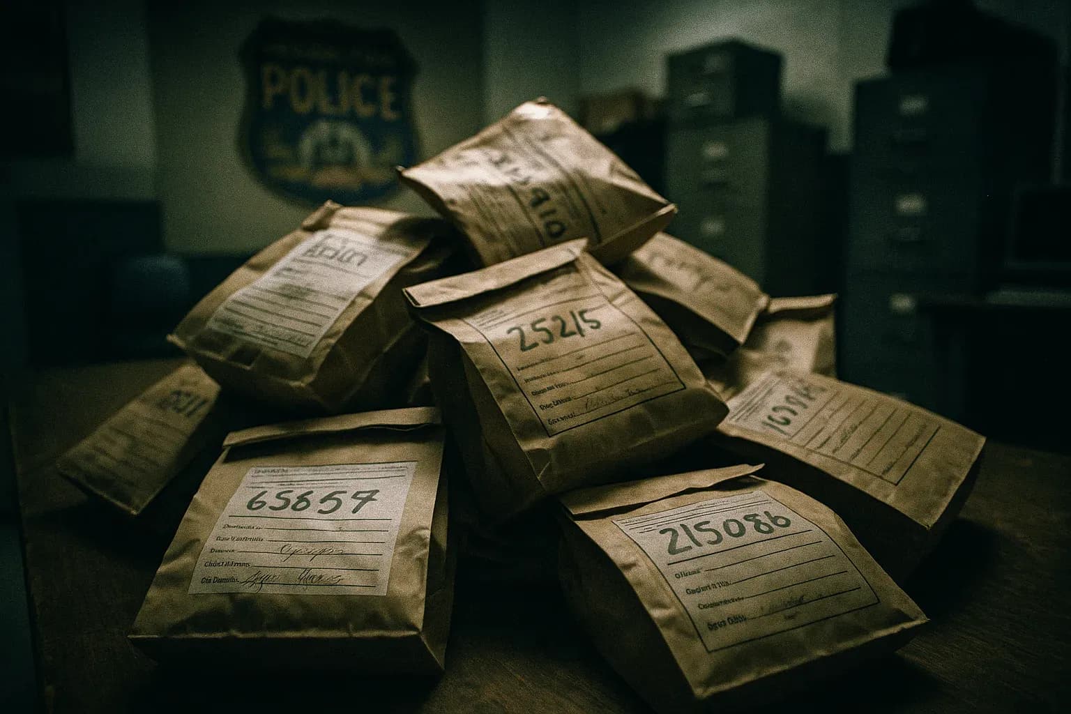 A pile of evidence bags labeled with case numbers sits on a table in a Philadelphia police precinct, symbolizing the scandal of planted evidence in the 39th district corruption case.