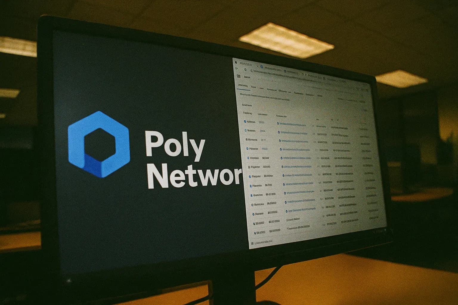 A computer screen displays the Poly Network logo in an office setting, with multiple open browser tabs showing cryptocurrency transactions detailing the return of $600 million dollars.