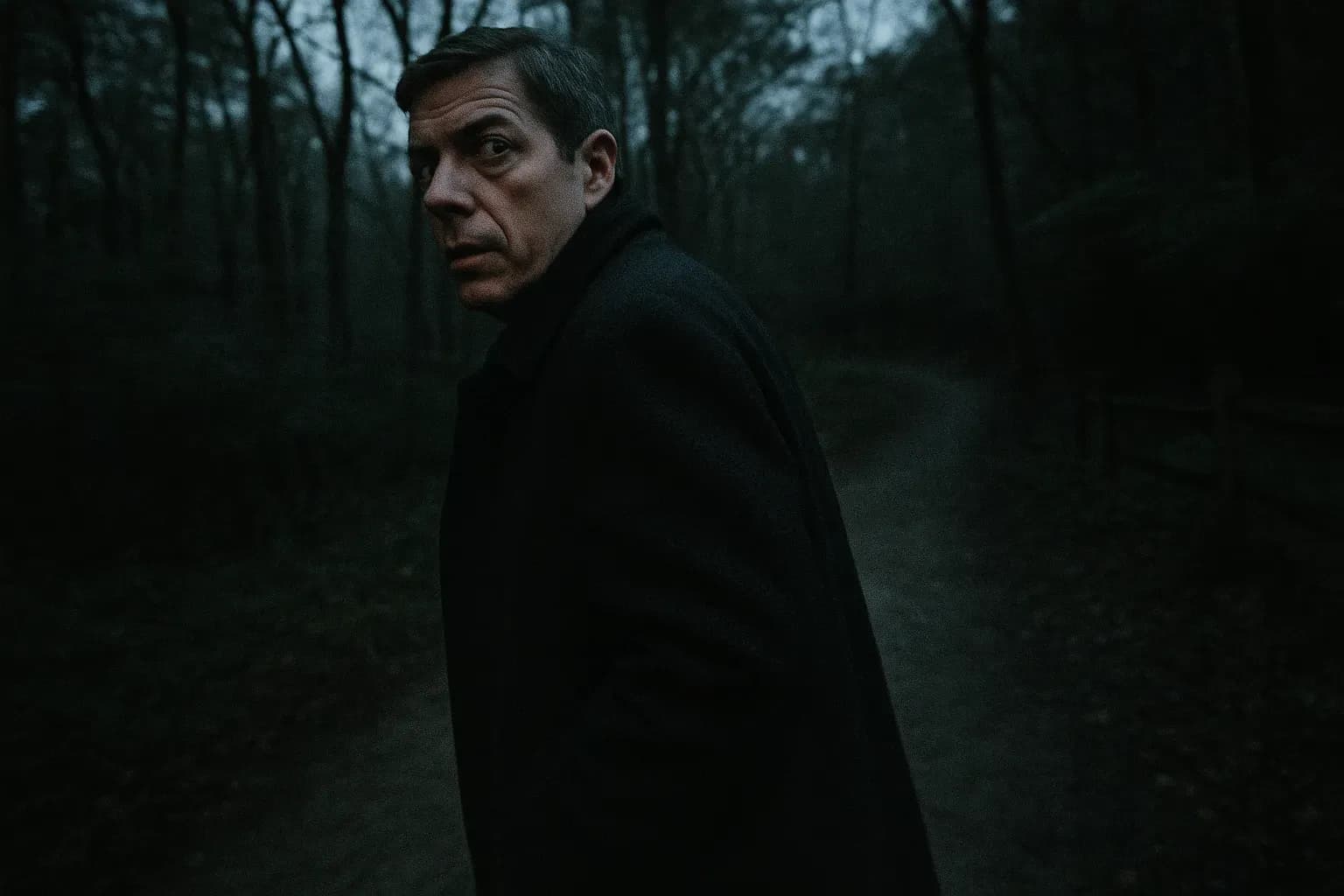 A figure resembling Robert Hanssen, wearing a dark overcoat, stands near a wooded trail in Foxstone Park, glancing over his shoulder, tension palpable as he approaches a secret dead drop site in the shadows.