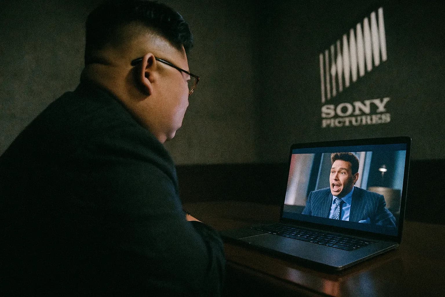 A figure resembling Kim Jong-un watches a scene from "The Interview" on a laptop screen, the Sony Pictures logo visible in the background, symbolizing the motive behind the North Korean cyber attack on Hollywood.