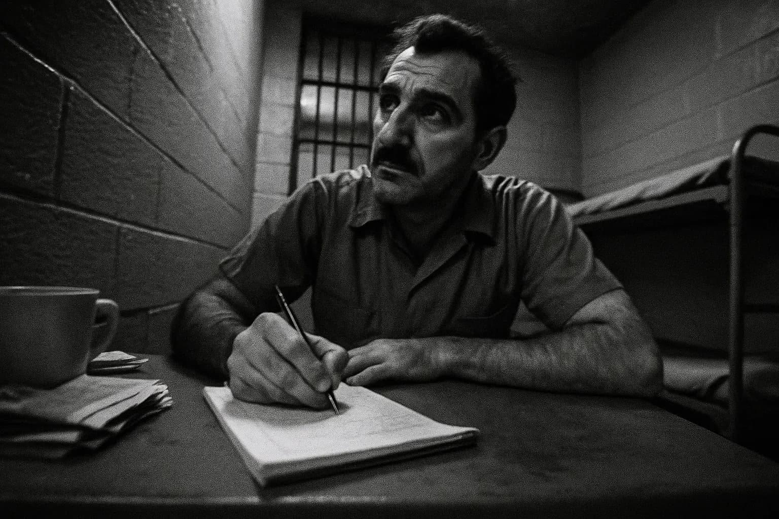 A figure resembling Albert DeSalvo sits at a small, cluttered table in a dimly lit prison cell, scribbling on a notepad, a distant look in his eyes, symbolizing the unsolved mystery.