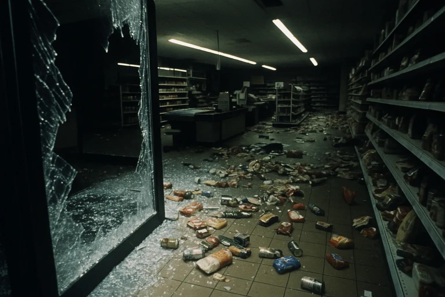 A Delhaize supermarket in Aalst, Belgium, with shattered glass and scattered groceries, the aftermath of the Nivelles Gang's infamous massacre in 1985, encapsulating the fear and chaos left by the Brabant Killers