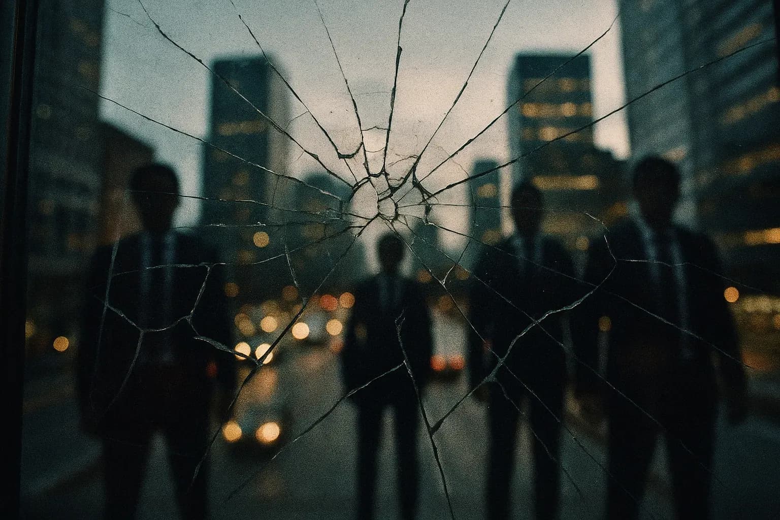 A cracked Equifax logo on a glass door with reflection of anonymous figures in suits, symbolizing espionage and security failure, against the backdrop of a busy urban landscape.