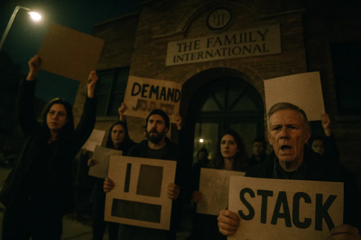 A group of protesters holding signs with slogans demanding justice stand outside a building associated with The Family International organization, reflecting their fight against historical child abuse by the cult.