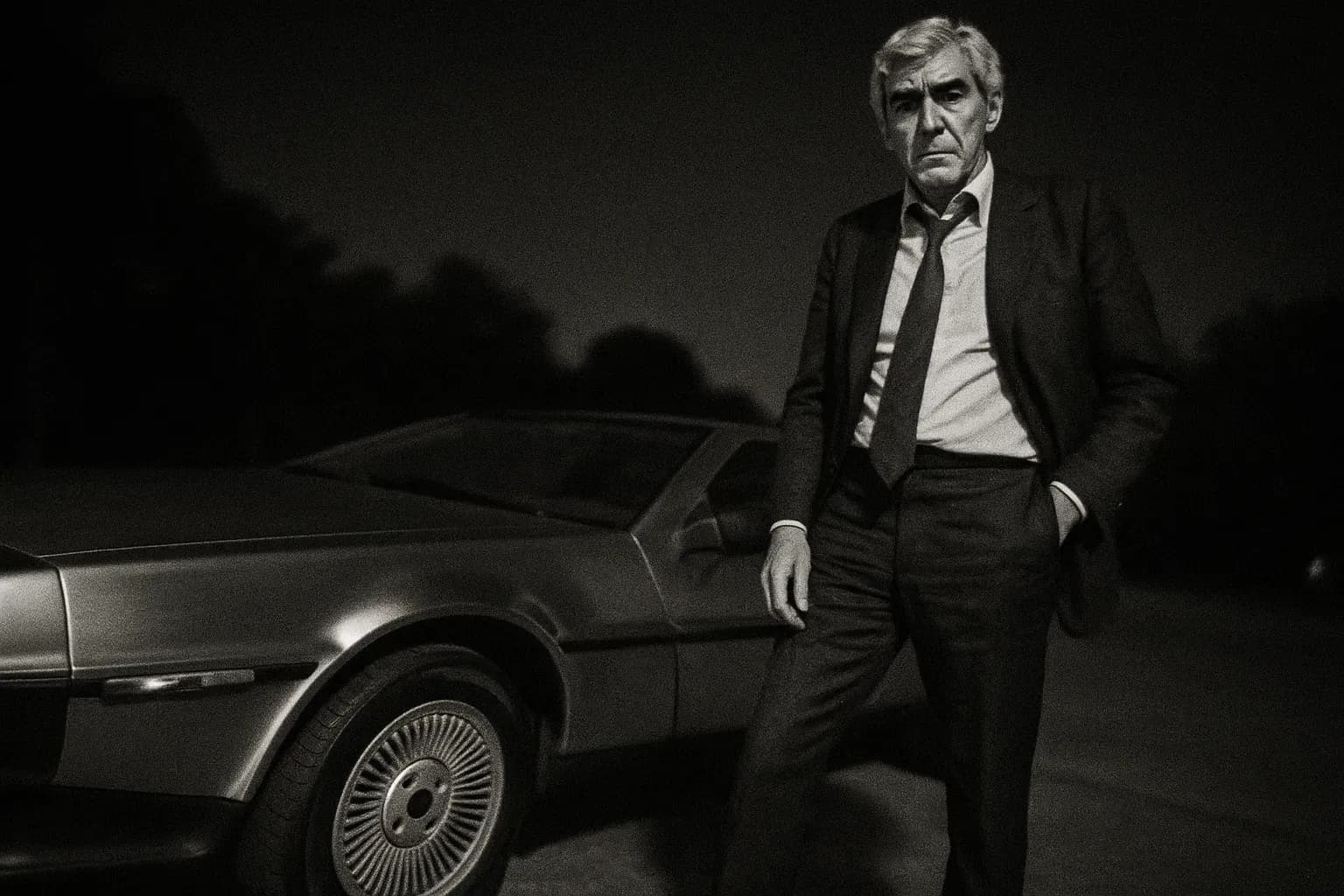 A figure resembling John DeLorean stands near a sleek DeLorean DMC-12 car, displaying a look of defiance and exhaustion.