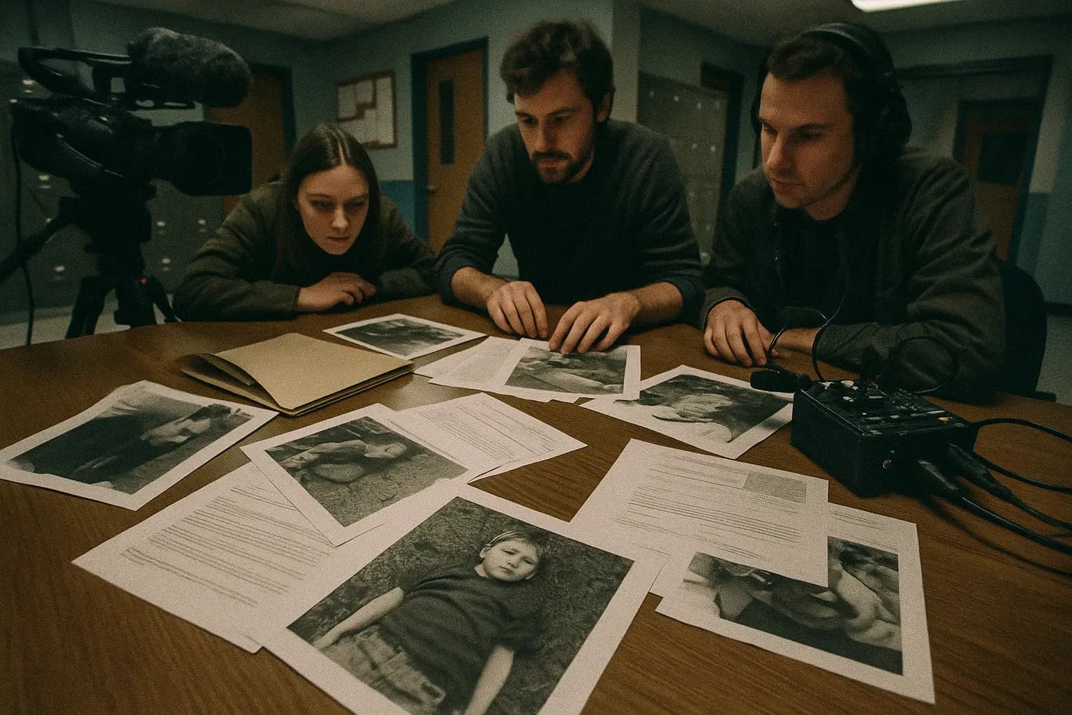 A documentary film crew reviews files and photographs related to the 1998 Kevin Hjalmarsson case, laying on a table in a police station where a camera and recording equipment from a recent interview remain set up