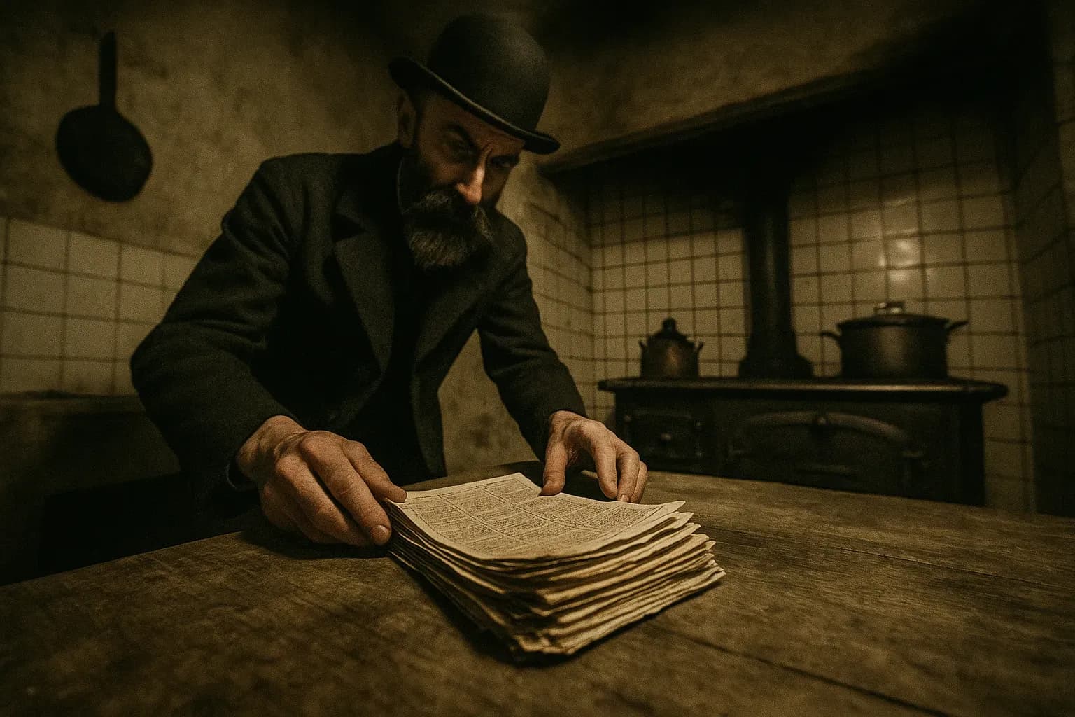 A figure resembling Henri Désiré Landru stands in a dimly lit kitchen of an early 20th-century French house, examining a stack of yellowed personal ads on a rustic wooden table, an antique oven in the background.