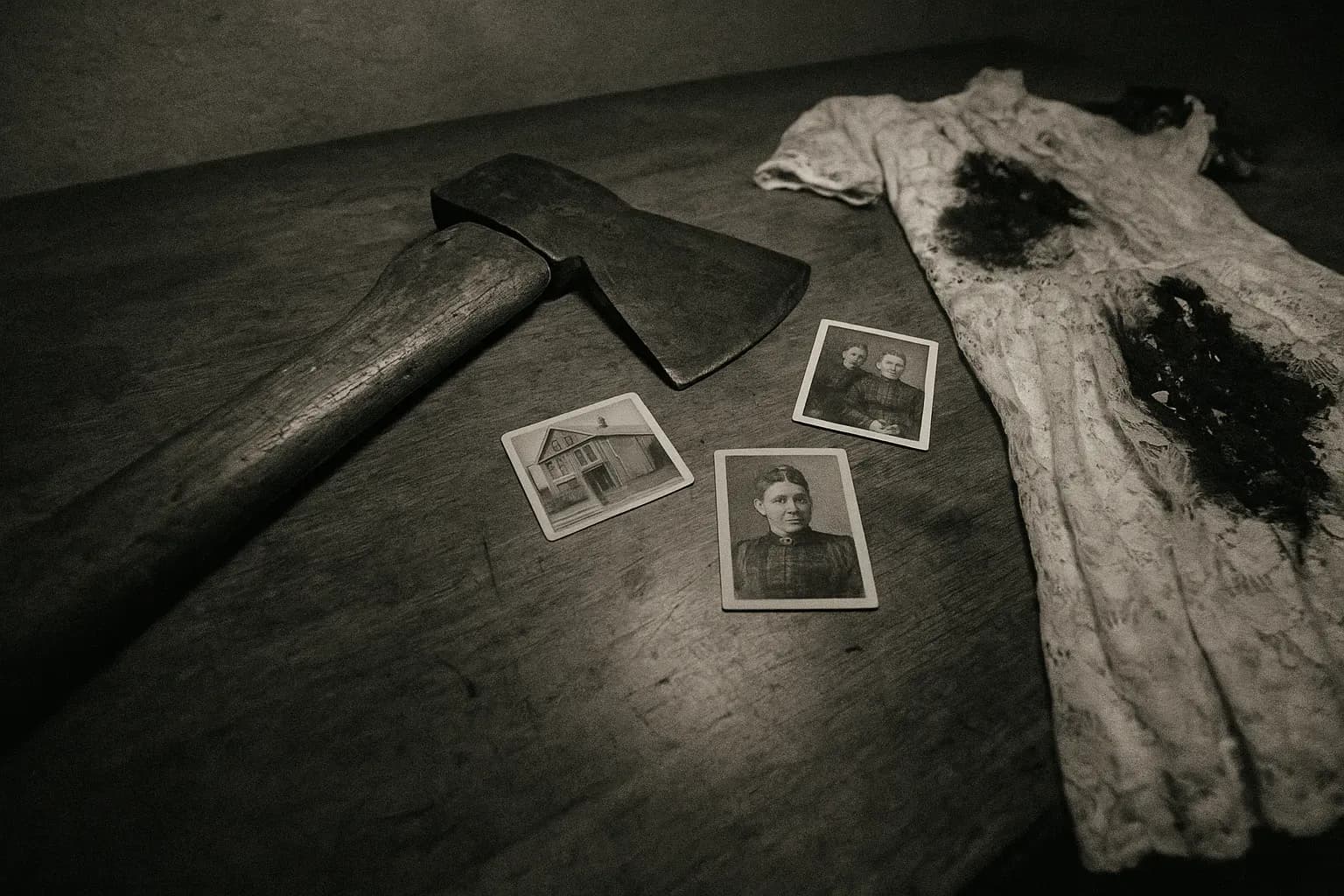 A well-worn hatchet rests on a wooden table, its handle showing signs of age, surrounded by old family photos and a partially burned dress, symbolizing the unresolved mystery of the Borden murders.