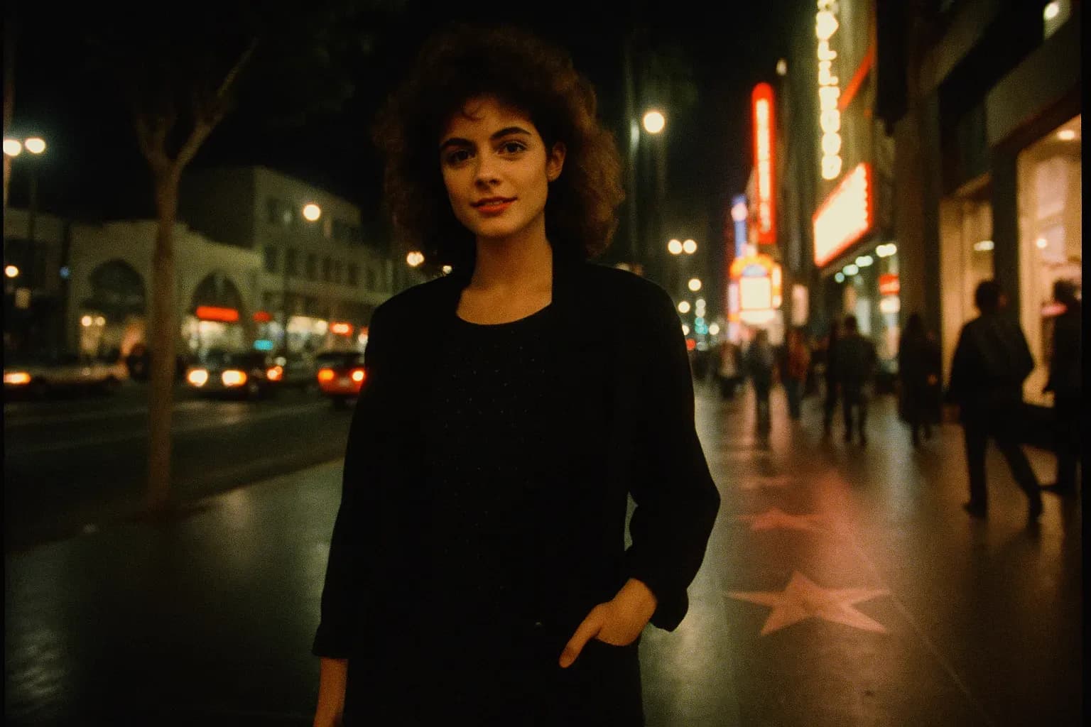 A figure resembling Rebecca Schaeffer poses on a bustling Hollywood street lined with star-studded sidewalks, capturing the essence of her rising fame before the tragedy struck