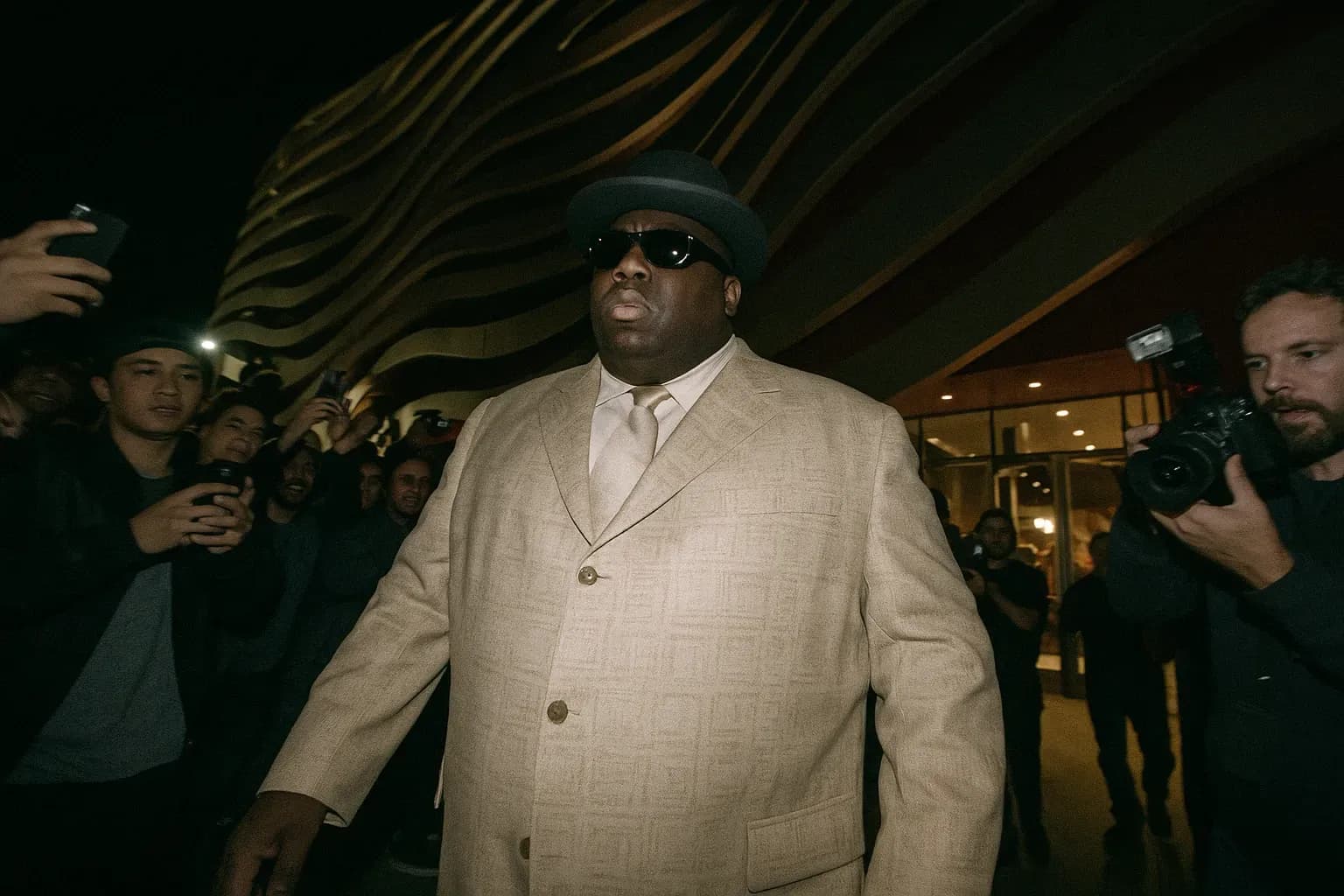 A figure resembling The Notorious B.I.G. leaves the Petersen Automotive Museum, wearing a distinctive suit, surrounded by a crowd of fans and paparazzi.