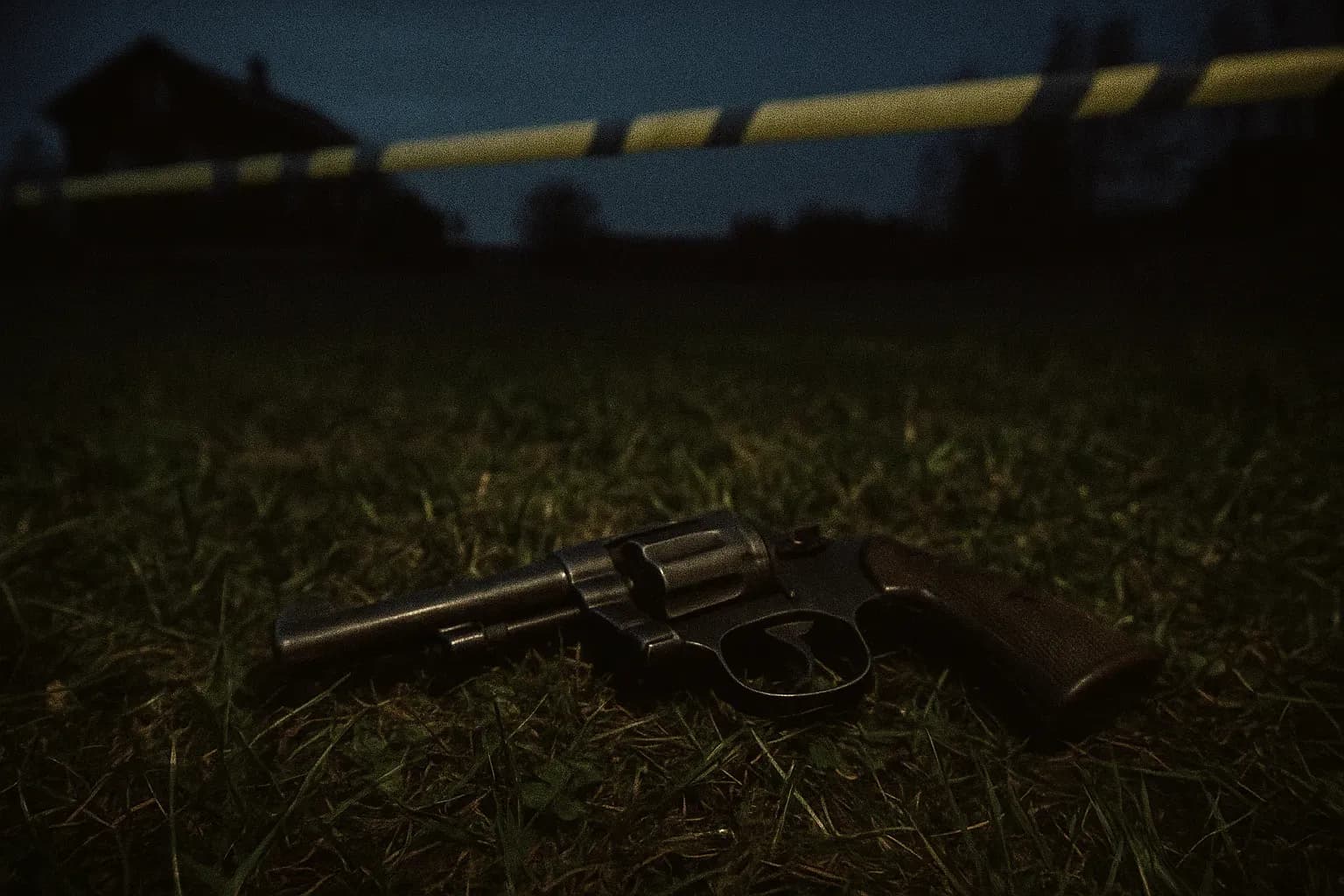 An abandoned .38 caliber revolver lies on the grassy grounds of Orderud Farm, surrounded by police tape, hinting at the mystery of the unsolved triple murder in 1999 Norway.
