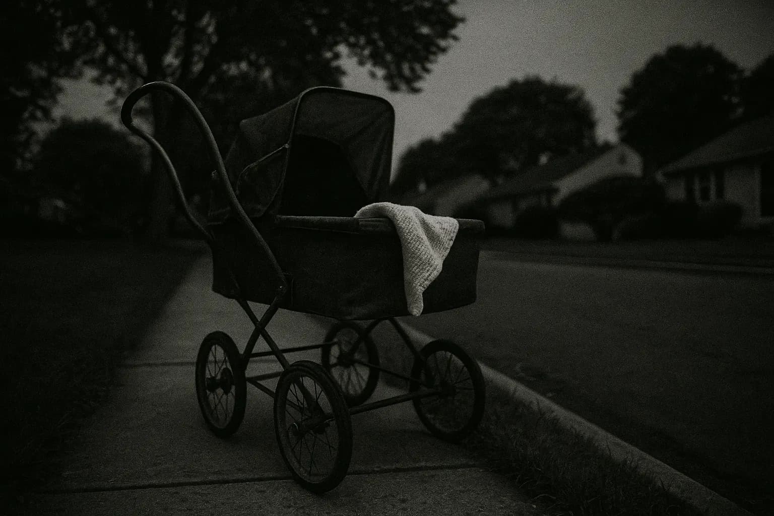 A worn baby carriage stands empty on a suburban Long Island sidewalk, a small blanket slipping over the edge, symbolizing the haunting disappearance of infant Peter Weinberger.