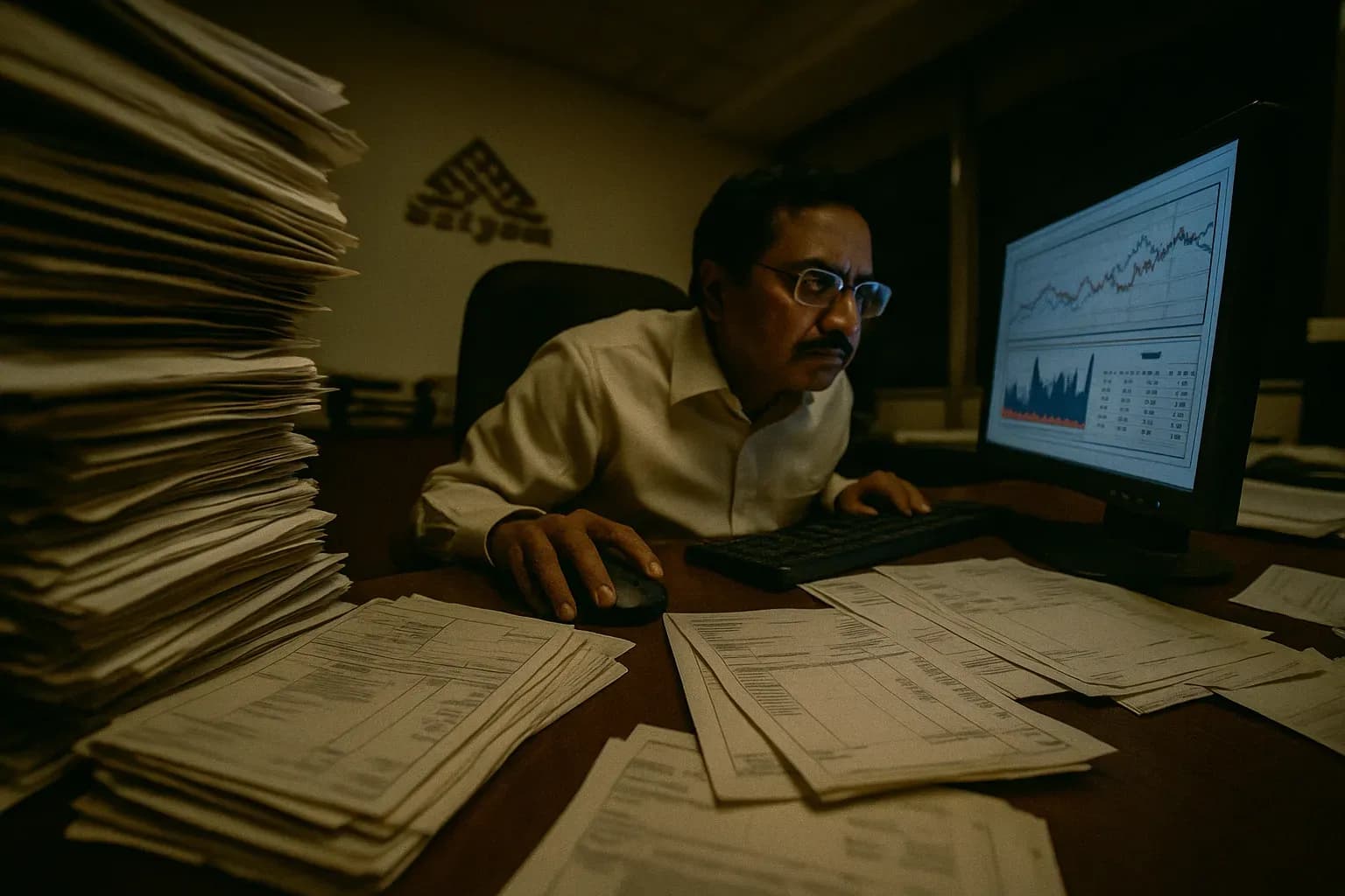 A cluttered office desk with stacks of forged invoices and documents, featuring a figure resembling B. Ramalinga Raju, focused intently on a computer screen displaying manipulated financial data at Satyam Computer Services.