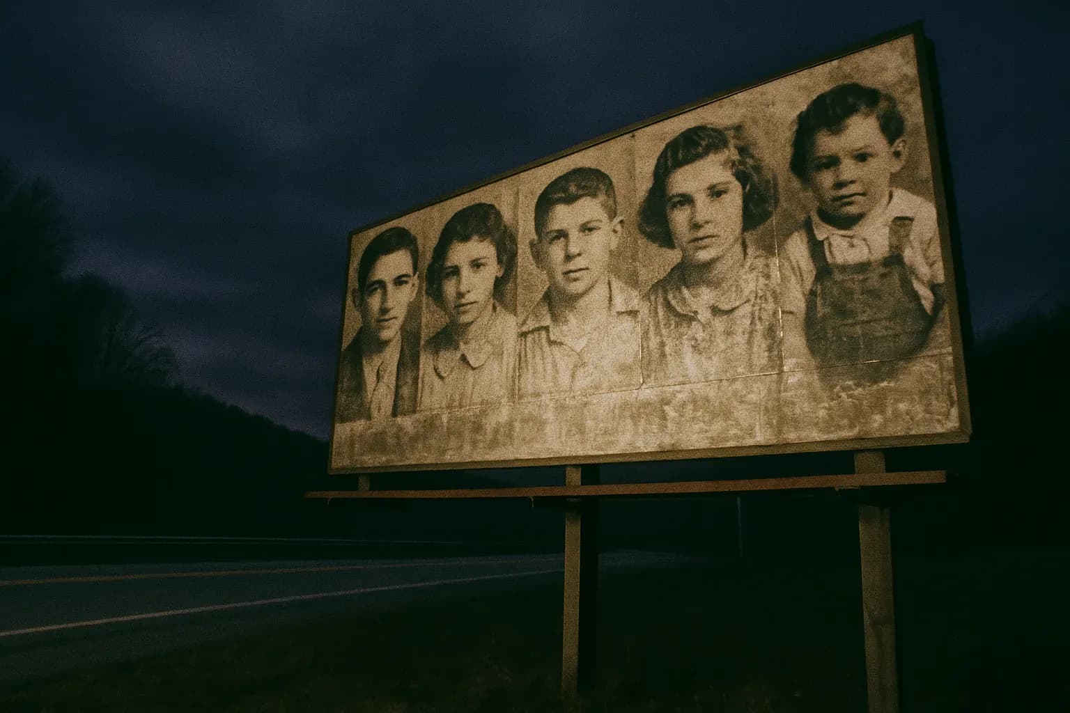 A roadside billboard in West Virginia displays images of the missing Sodder children, alongside faded text and weathered photos, symbolizing the family's decades-long search for truth and closure.