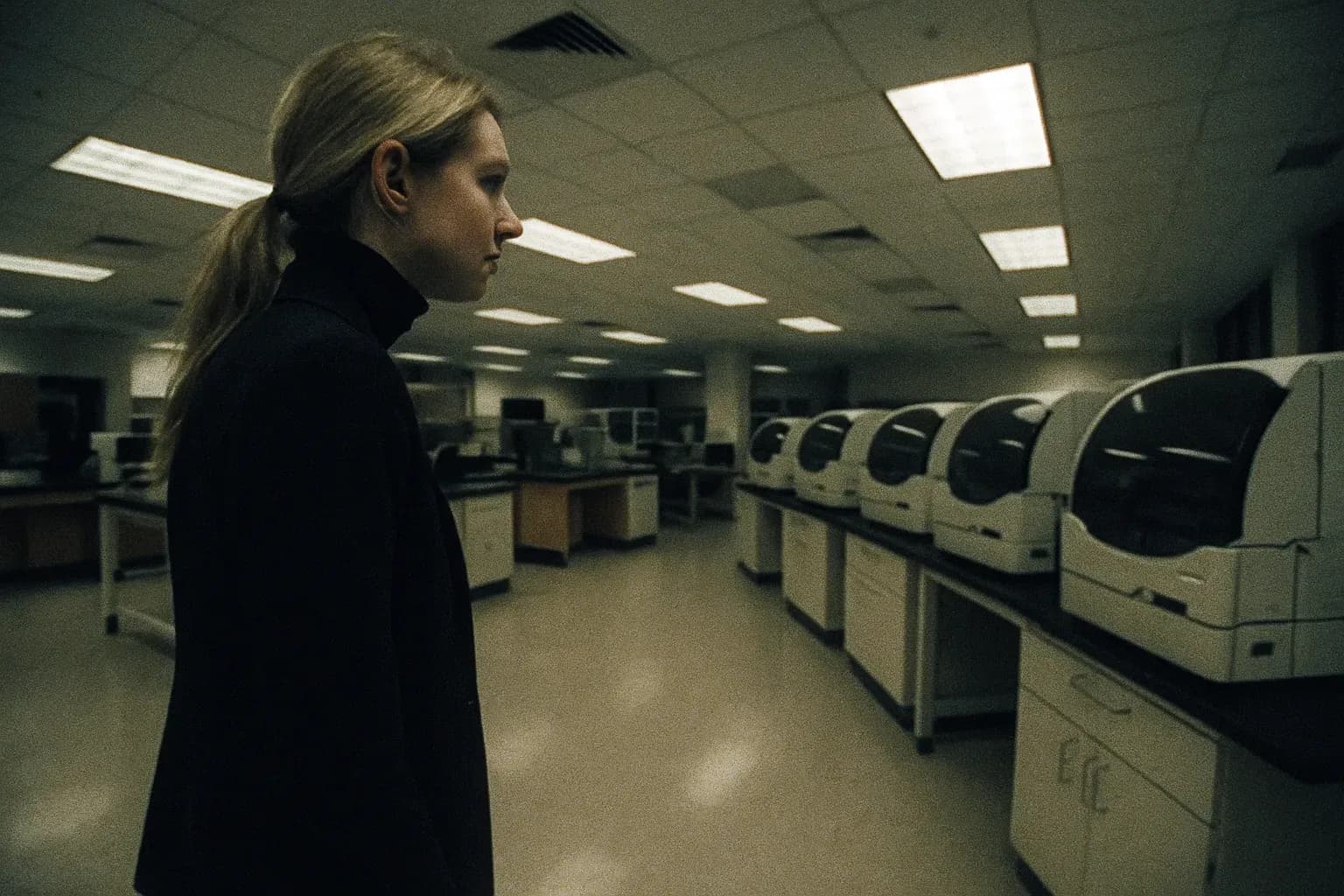 A figure resembling Elizabeth Holmes stands in an empty lab, facing a row of unused blood-testing machines, evoking the collapse of Theranos and her fraudulent promises.