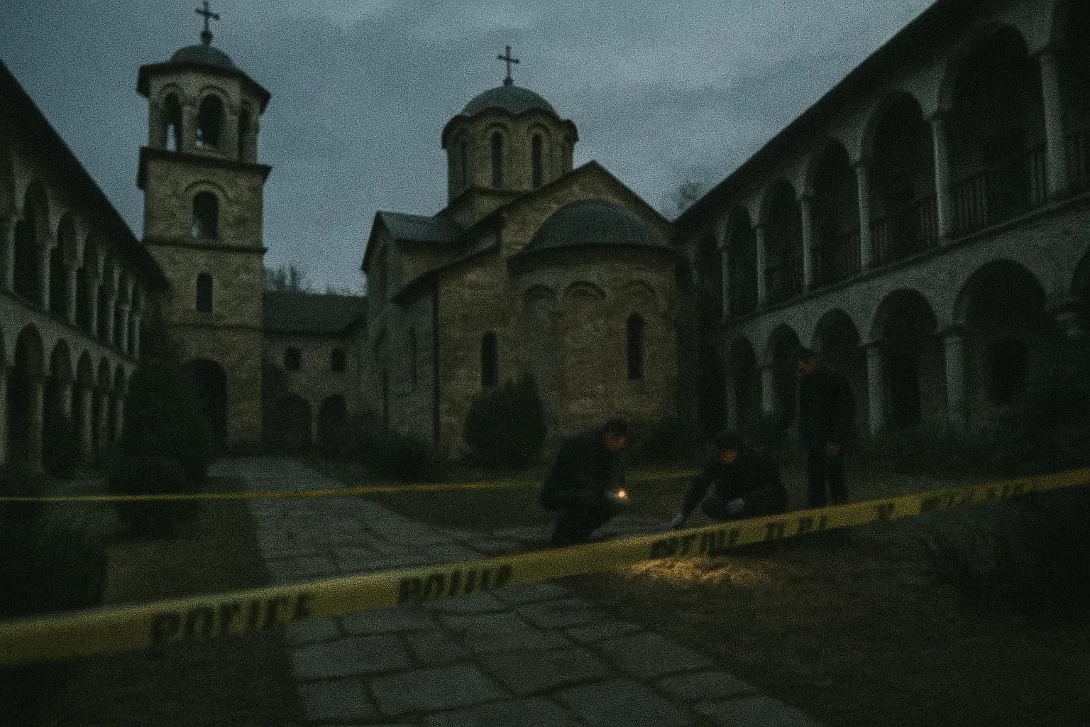 A somber Holy Trinity Monastery courtyard, with police tape cordoning off a section as investigators examine the area, hinting at decades-long abuse and secrets hidden within.