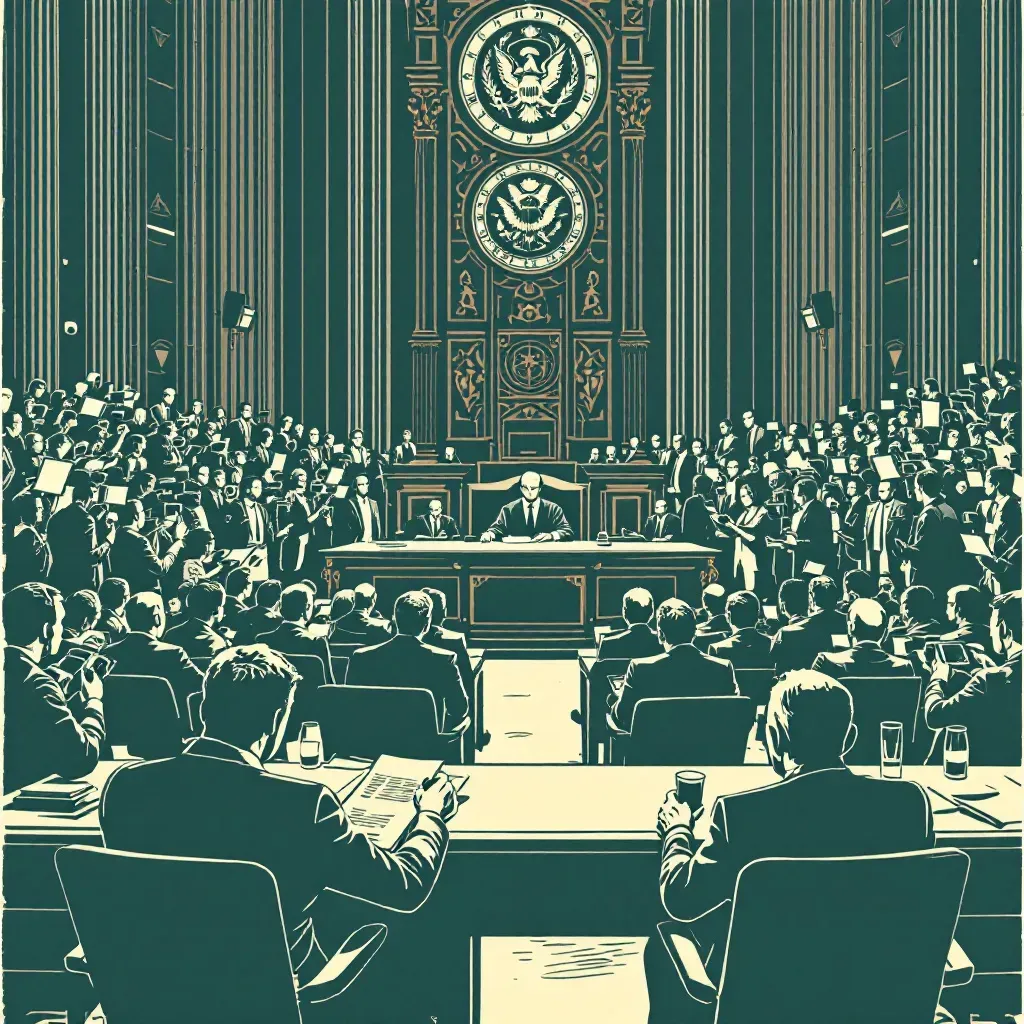 A courtroom filled with reporters taking notes, a judge presiding at the bench, and cameras capturing every moment.